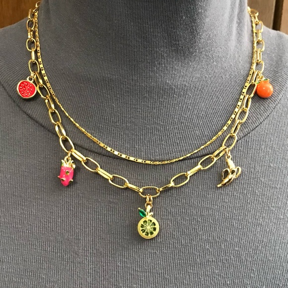 "Fruit Stand" Handmade 2-Layer Gold Charm Necklace with Tropical Fruit Charms - Picture 6 of 15